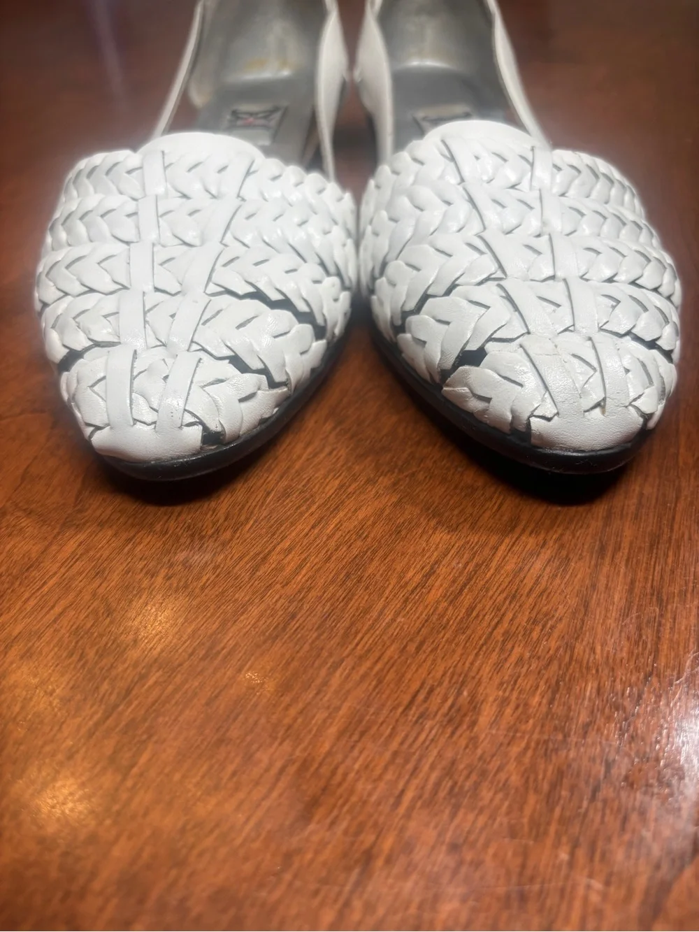 White Woven Pointed Leather Flats by